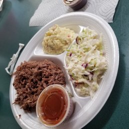 Smoked brisket plate with tater salad and Cole slaw. Smoked brisket plate with tater salad and Cole slaw.