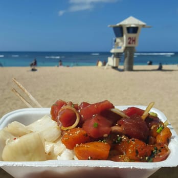 Fresh Catch - Salmon poke, wasabi ahi poke, pickled onions & rice 'snack' at Kaimana. A perfect afternoon. - Hawaiian Near Me - Honolulu, Hawaii Fresh Catch - Salmon poke, wasabi ahi poke, pickled onions & rice 'snack' at Kaimana. A perfect afternoon. - Hawaiian Near Me - Honolulu, Hawaii
