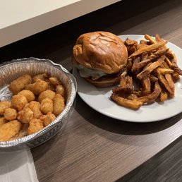 cheese curds, burger, and fries ordered to-go