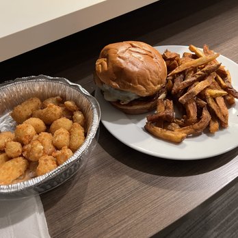 Bagger Dave's - cheese curds, burger, and fries ordered to-go - Burgers Near Me - Centerville, Ohio