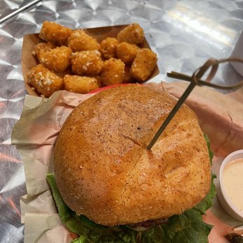 Bingo Burger - Goat Hill Lamb Burger with garlic tater tot's. - Burgers Near Me - Pueblo, Colorado Bingo Burger - Goat Hill Lamb Burger with garlic tater tot's. - Burgers Near Me - Pueblo, Colorado