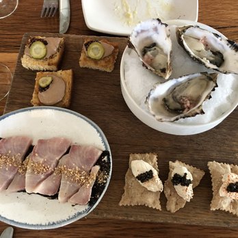 Basta - Oysters, tuna on crackers, kampachi crudo, and my fav - the chicken liver mouse. All delish! - Pizza Near Me - Boulder, Colorado