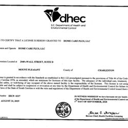 Home Care Plus - South Carolina department of Health and environmental Control License