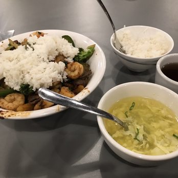 Da Han Mongolian BBQ - My shrimp and vegetables, along with egg drop soup, rice, hot tea. - Taiwanese Near Me - Cincinnati, Ohio