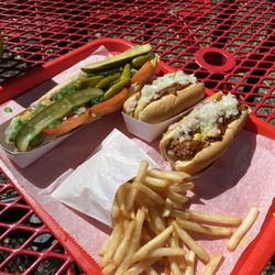 Coney Island Drive Inn - Bushnell - Chicago dog foot long with coney sauce & 2 shorts Nathan's dogs with coney sauce mustard & onion.  FF