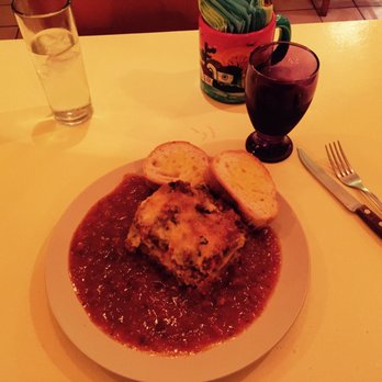 Eat At Davids - Lasagna special - came with a tiny Caesar salad and a glass of wine 170 pesos - American Near Me - Puerto Vallarta, JAL