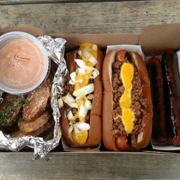 (left to right) Potato Grumpots, bow-wow-za and bow-wow-za w/ no onions.. plus two plain dogs for the dogs lol (left to right) Potato Grumpots, bow-wow-za and bow-wow-za w/ no onions.. plus two plain dogs for the dogs lol