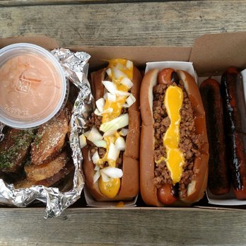 Grumpy's Dogs - (left to right) Potato Grumpots, bow-wow-za and bow-wow-za w/ no onions.. plus two plain dogs for the dogs lol - Hot Dogs Near Me - West Boylston, Massachusetts Grumpy's Dogs - (left to right) Potato Grumpots, bow-wow-za and bow-wow-za w/ no onions.. plus two plain dogs for the dogs lol - Hot Dogs Near Me - West Boylston, Massachusetts