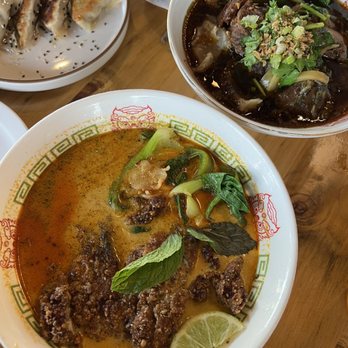 Fooki - Bottom is the Porkchop Laksa and top left is Double Delight Potstickers and too right is Cowwow Braised Noodle Soup - Bubble Tea Near Me - Aiea, Hawaii