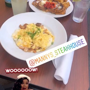 Manny's Steakhouse - Shrimp and Grits with a scrabbled egg on top. My friend she ordered the French toast (which is also amazing) - Steakhouses Near Me - Vallejo, California Manny's Steakhouse - Shrimp and Grits with a scrabbled egg on top. My friend she ordered the French toast (which is also amazing) - Steakhouses Near Me - Vallejo, California