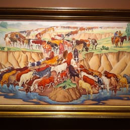 "Long Horns Watering On A Cattle Drive" by Ila McAfee - the colors here draw me in.