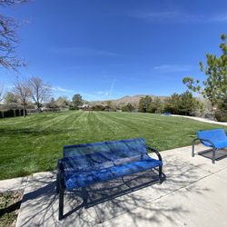 Benches with a grassy area behind them.