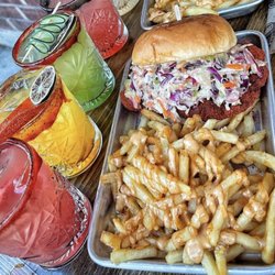 The Chicken Koop - Spicy fried chicken sandwich with Garlic fries 
Fresh margaritas 
Mango- watermelon cucumber -strawberry-lime
And hibiscus