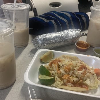 Antojitos El Burrito Crazy - Horchata, regular burrito and chicken pupasas topped with pickled cabbage! - Food Trucks Near Me - San Jose, California