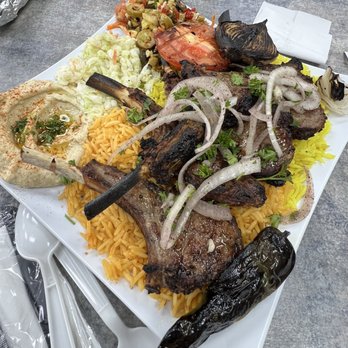 Habibi - Grill lamb chop meal with half regular and half spicy rice, coleslaw, hummus and olive salad - Middle Eastern Near Me - Elk Grove Village, Illinois