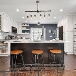 Wilson’s Remodeling and Flooring Installations - Hardwood refinish, tile floor in kitchen, cabinets, island, tile backsplash, shelving, lighting. FULL KITCHEN REMODEL