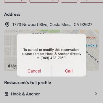Hook & Anchor - Can't modify/cancel online. Next to impossible to reschedule or cancel. - Seafood Near Me - Costa Mesa, California Hook & Anchor - Can't modify/cancel online. Next to impossible to reschedule or cancel. - Seafood Near Me - Costa Mesa, California