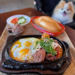 Bo Ne Phu Yen - Bò Né - Viet Steak & Eggs: Filet Mignon w/ meatball, pâté, eggs, salad, baguette | $20 + $2 extra pâté (CASH ONLY!)