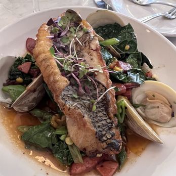 Neptune Oyster - Black Sea Bass with clams and kale - Seafood Near Me - Boston, Massachusetts