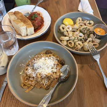 Massilia - SPANISH MEATBALLS (top left), CRISPY CALAMARI (top right), & TAGLIATELLE AUX MORILLES (bottom) - French Near Me - Los Angeles, California