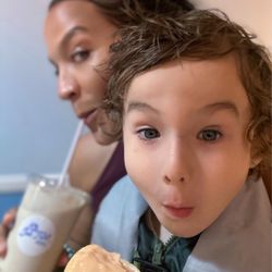 Jak Frost Frozen Desserts - Enjoying vegan peach & vanilla ice cream cone and a dairy free chocolate peanut butter vanilla milkshake!