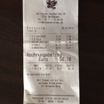 Schwanenbräu - Rechnung vom Samstagabend "Nürnbergerle" - German Near Me - Bernhausen, BW Schwanenbräu - Rechnung vom Samstagabend "Nürnbergerle" - German Near Me - Bernhausen, BW