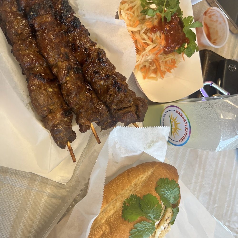 Narak’s kitchen - Beef sandwich, beef sticks and pickled papaya and carrots, mug beans drink. - Cambodian Near Me - Houston, Texas