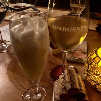 D'Argenzio Wine - Limoncello frozen dessert and Chardonnay. Love the creative order number stand made of wine corks! - Wine Bars Near Me - Burbank, California