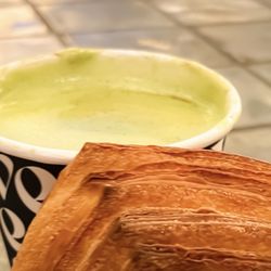 Vesta Coffee Roasters - Pistachio Matcha Latte and Cheese Danish.