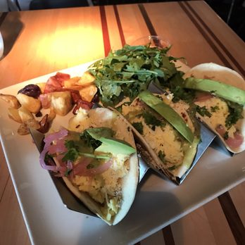 Root Down DIA - Breakfast Tacos with avocado instead of chorizo - New American Near Me - Denver, Colorado Root Down DIA - Breakfast Tacos with avocado instead of chorizo - New American Near Me - Denver, Colorado