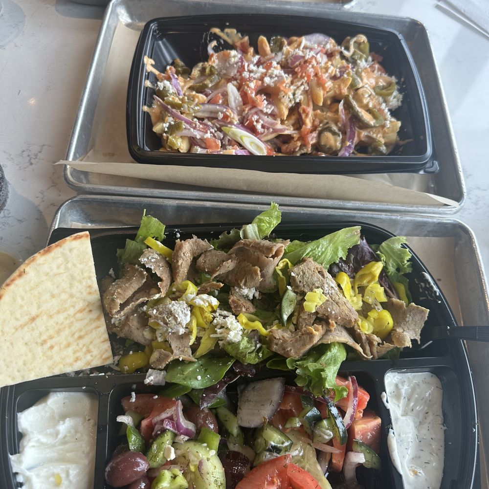 Apola Greek Grill - Full Beef and Lamb Plate with Greek Salad and side of greens - tzatziki and garlic sauce Fire fries as well! BOMB - Greek Near Me - Irvine, California