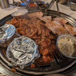 Gogi Go Korean BBQ - Steamed eggs, cheese corn, teriyaki chicken and thick pork belly