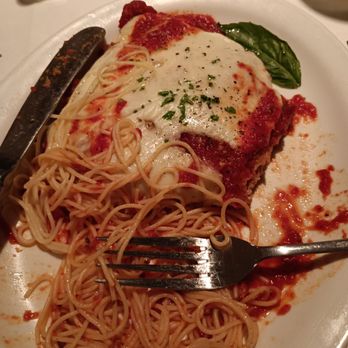 Librettis Restaurant - Veal Parmigiana w spaghetti in garlic &oil - Italian Near Me - Orange, New Jersey
