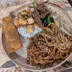 Hk Wong's Palace Restaurant - Clockwise from the top: beef and Chinese broccoli, Shanghai noodles, BBQ pork fried rice, egg roll, and mapo tofu
