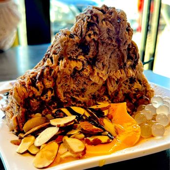 Nu Ice & Drinks - Chocolate shave Ice with almond, flange honey boba, lychee boba topping with condensed milk. Delicious! - Desserts Near Me - Houston, Texas Nu Ice & Drinks - Chocolate shave Ice with almond, flange honey boba, lychee boba topping with condensed milk. Delicious! - Desserts Near Me - Houston, Texas