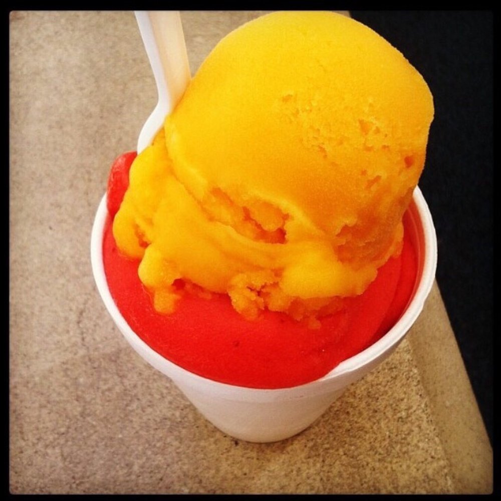 A scoop of strawberry on bottom and a scoop of mango on top! A scoop of strawberry on bottom and a scoop of mango on top!