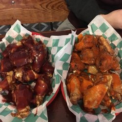 All American Bar Grill - Sweet bbq, Buffalo, both sauces good the wings were crispy on the outside and thoroughly cooked in the inside. Big and juicy.