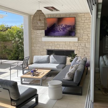 Audio Visual Innovations - California room - we drilled into the stone and mounted a 75" Samsung Terrace - Home Theatre Installation Near Me Audio Visual Innovations - California room - we drilled into the stone and mounted a 75" Samsung Terrace - Home Theatre Installation Near Me