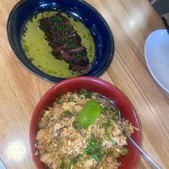 The Blind Goat - Grilled Steak with Green Curry Sauce and Texas BBQ Brisket (no brisket out of stock, sub shaken beef) Fried Rice (Gluten Free) - Vietnamese Near Me - Houston, Texas