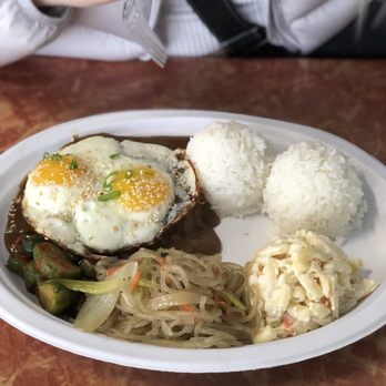 Ohana Kitchen - Loco Moco, comes with 2 eggs, japchae, cucumber kimchee and mac salad - Korean Near Me - Burien, Washington Ohana Kitchen - Loco Moco, comes with 2 eggs, japchae, cucumber kimchee and mac salad - Korean Near Me - Burien, Washington