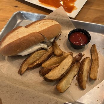Grains - Philly Cheese Sandwich w/ Garlic Potato Wedges - Vegan Near Me - San Diego, California Grains - Philly Cheese Sandwich w/ Garlic Potato Wedges - Vegan Near Me - San Diego, California