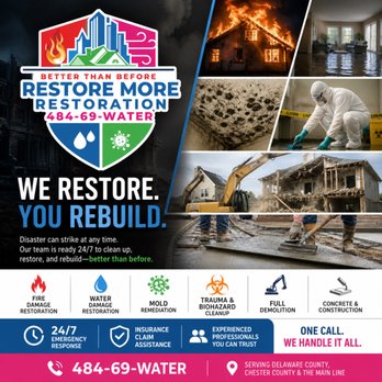 Restore More Restoration - Fire Damage Restoration Water Damage, Restoration, mold, remediation, trauma and biohazard cleanup, full demolition, concrete and constructi - Damage Restoration Near Me - Folsom, Pennsylvania Restore More Restoration - Fire Damage Restoration Water Damage, Restoration, mold, remediation, trauma and biohazard cleanup, full demolition, concrete and constructi - Damage Restoration Near Me - Folsom, Pennsylvania