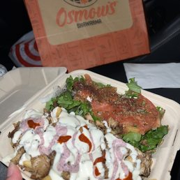 Oz box - Chicken shawarma on fries with the fattoush salad with mild spice Oz box - Chicken shawarma on fries with the fattoush salad with mild spice