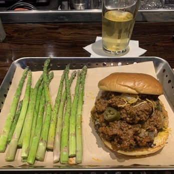 Chili's - Chili burger (top off) with jalapeños and grilled asparagus - American Near Me - Watauga, Texas