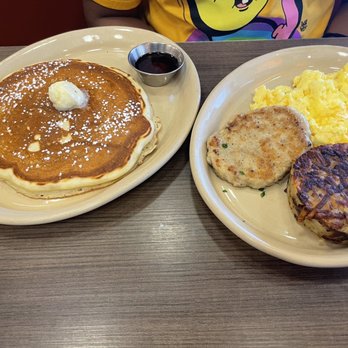 Snooze, an A.M. Eatery - Pancake with chicken sausage, hash browns and scrambled eggs - Breakfast & Brunch Near Me - Phoenix, Arizona Snooze, an A.M. Eatery - Pancake with chicken sausage, hash browns and scrambled eggs - Breakfast & Brunch Near Me - Phoenix, Arizona