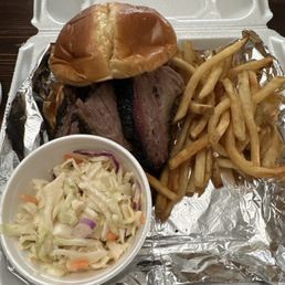 Brisket sandwich with slaw and fries! Brisket sandwich with slaw and fries!