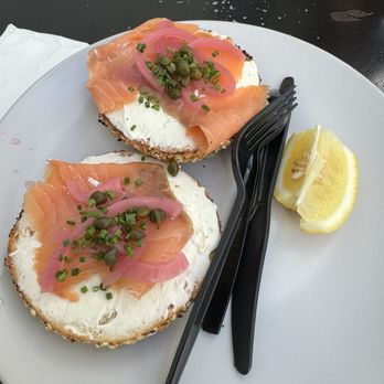 MoonGoat Coffee Roasters - Smoke salmon cream cheese bagel. All in one bagel - Coffee Roasteries Near Me - Costa Mesa, California
