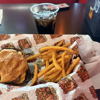 Smashed N Sauced - Single smash cheeseburger added beef bacon with fries and a Mexican coke soft drink - Fast Food Near Me - Austin, Texas Smashed N Sauced - Single smash cheeseburger added beef bacon with fries and a Mexican coke soft drink - Fast Food Near Me - Austin, Texas