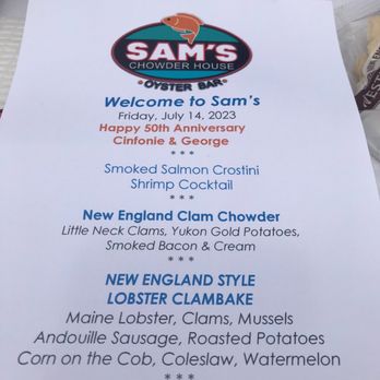 Sam's Chowder House - Personalized menu for all the party guests. - Seafood Near Me - Half Moon Bay, California Sam's Chowder House - Personalized menu for all the party guests. - Seafood Near Me - Half Moon Bay, California
