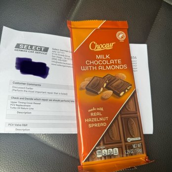 Select German Car Service - WTH?! a complimentary imported chocolate with receipt! seriously, who does that????!!!! - Auto Repair Near Me - San Diego, California Select German Car Service - WTH?! a complimentary imported chocolate with receipt! seriously, who does that????!!!! - Auto Repair Near Me - San Diego, California